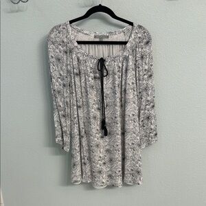 Daniel Rainn White Floral Print Peasant Blouse with Black Tie